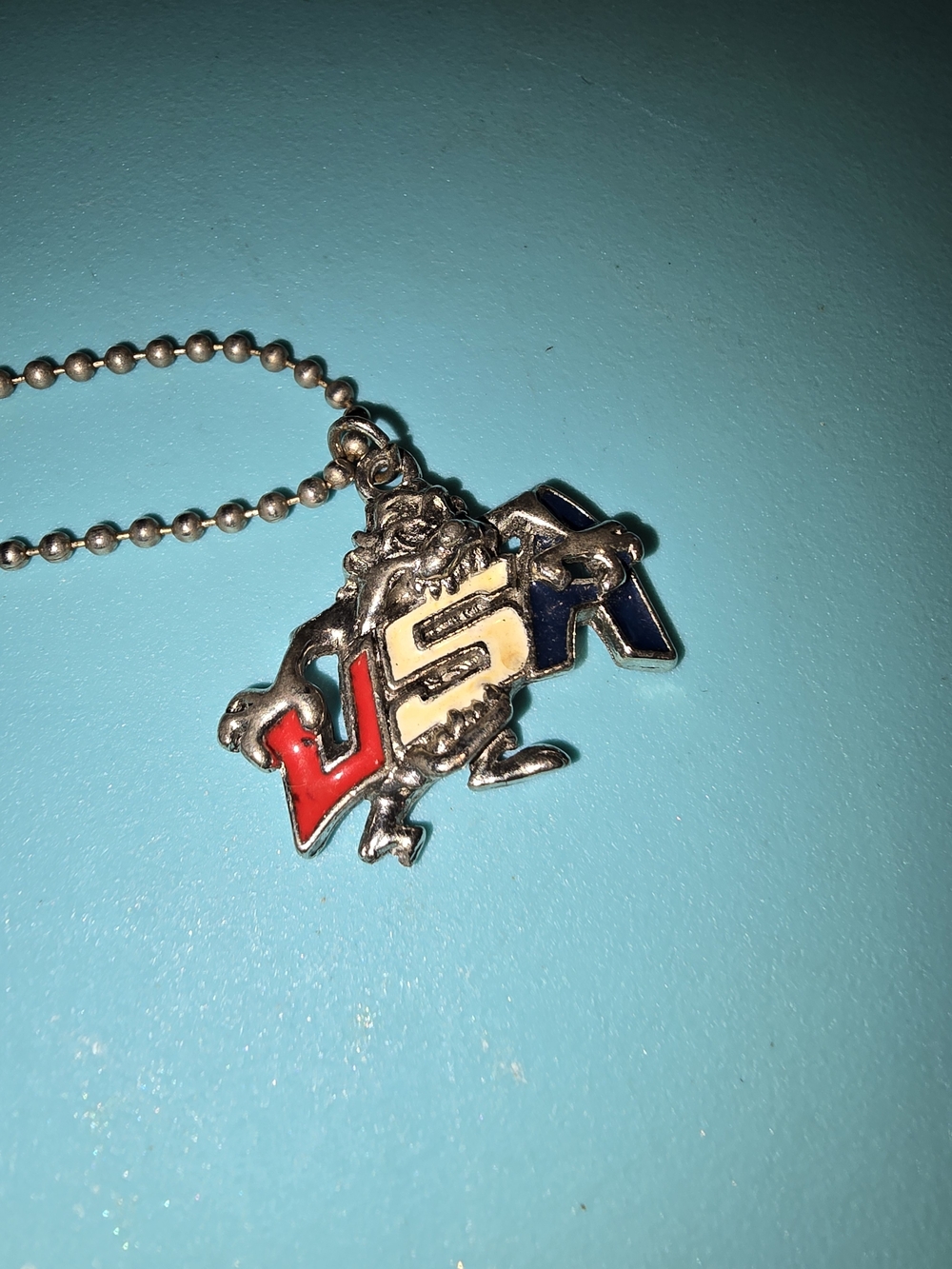 Vintage 1996 TASMANIAN DEVIL Pendant Necklace with Red, Cream & Blue Enamel